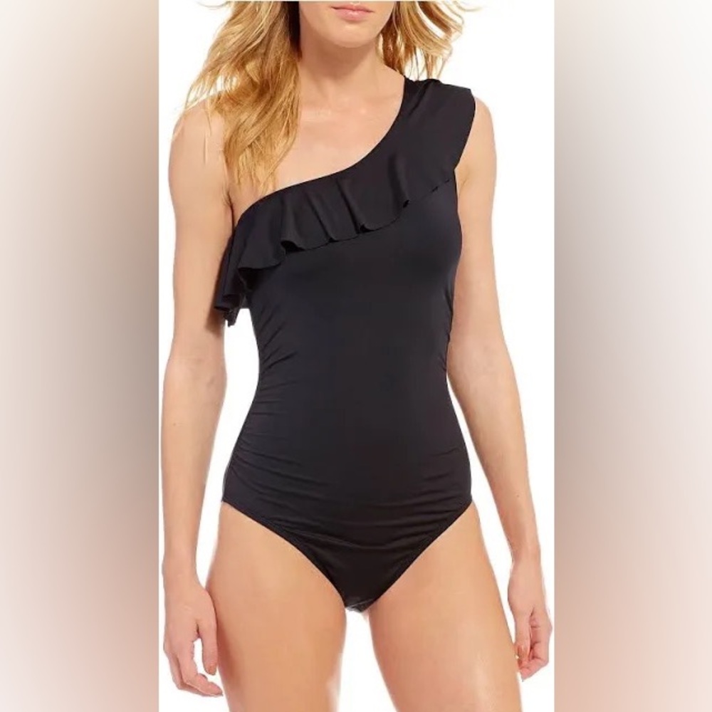 NWOT La Blanca Black Ruffle One Shoulder One Piece Swimsuit Size 6